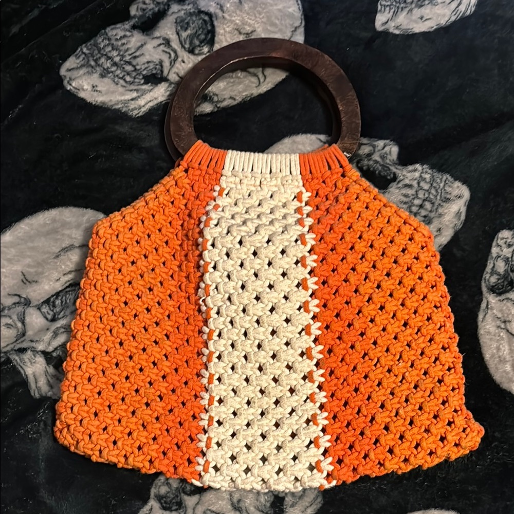 Forever 21 Orange and Cream Tote with Wooden Handle